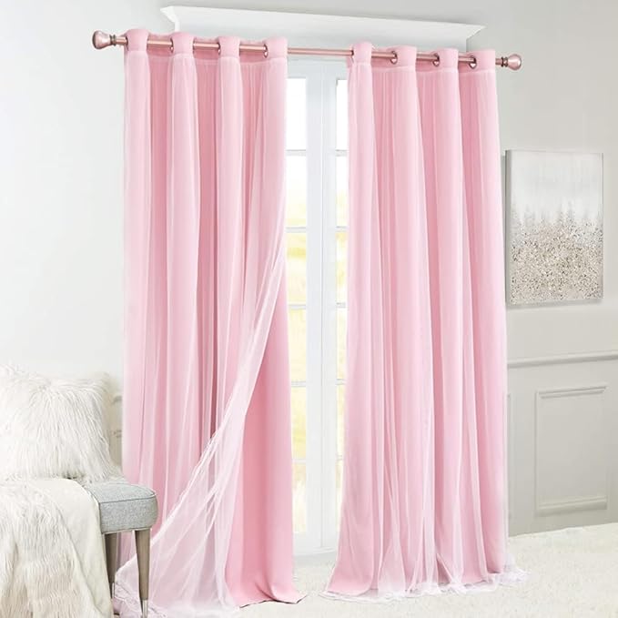 Short Pink Curtains 63 Inch Long- Blackout Curtains with Voile Sheer Drapes Thermal Pink Window Treatments with Tie-Backs for Kids/Girls Bedroom Nursery Living Room, Elegant, 2 Panels