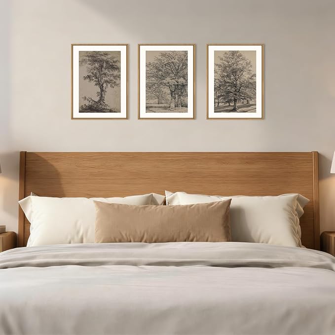 KAIRNE Vintage Tree Sketch Framed Canvas Wall Art Set, Antique Tree Drawings Wall Decor, Retro Forest Art Prints, Modern Nature Landscape Artwork for Living Room, Bedroom, Farmhouse, Office-12 x16 x3