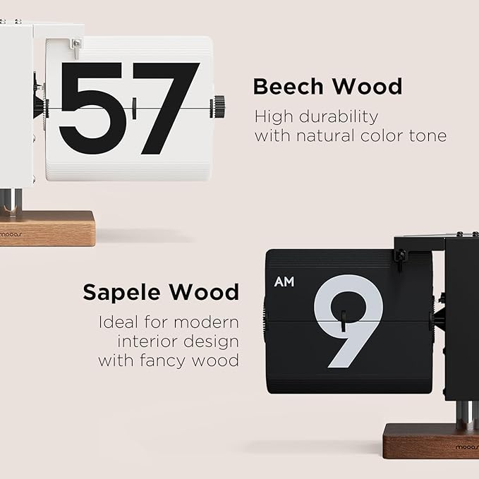 mooas Classic Modern Wood Big Flip Desk Clock (Black), Retro Vintage Analog Design Auto Flip Clock Table Clock Large Number Battery Powered, Ideal for Home Office School Hotel Café