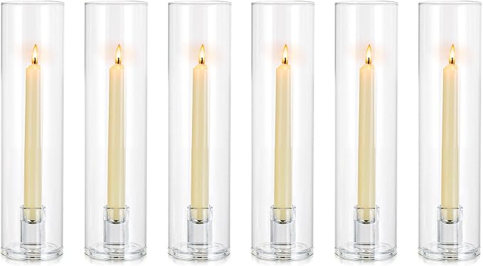 NUPTIO Candle Stick Candle Holder: Clear Glass Hurricane Candlestick Holders - Set of 6 Modern Taper Candle Stand with 11.8 inch Long Chimney Cover for Thanksgiving Christmas Fireplace Table Decor