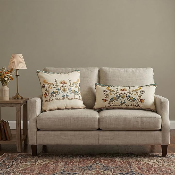patdrea Designer French Vintage Linen Throw Pillow Cover,12"x28"-Wensel C | RusticDecorative Pillow Case,Bird and Floral Pattern,Cushion Coverfor Couch Living Room Bedroom Sofa