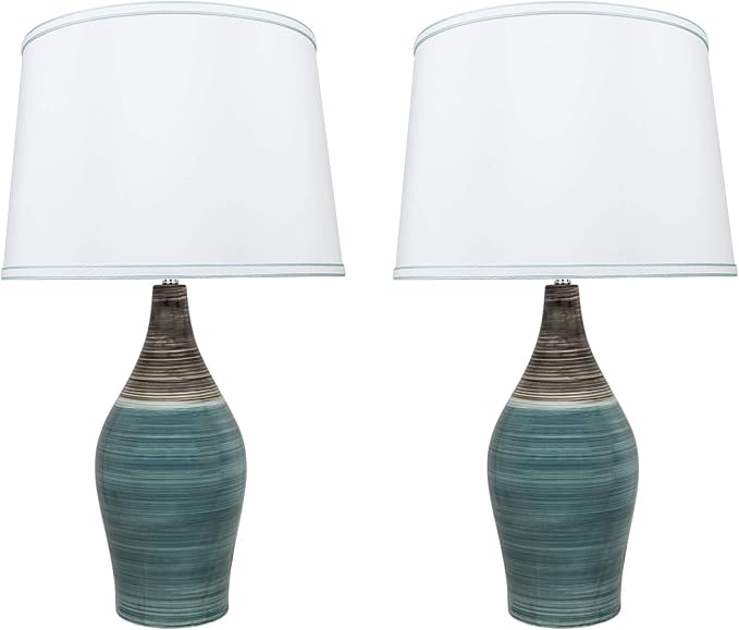 Aspen Creative 40185-12, 27-1/2" High Transitional Ceramic Table Lamp, Brown & Blue and Hardback Empire Shaped Lamp Shade in White, 15-1/2" Wide, 2 Pack