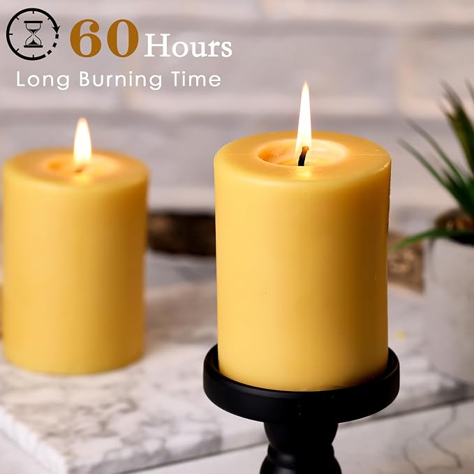 Beeswax Candles Pillar 3x4 Inch, 2 Pack Non Toxic Bees Wax Candle for Home Decor, Large Natural Organic Pillar Candle with 60 Hours Long Burning Time for Emergency, Meditation, Relax