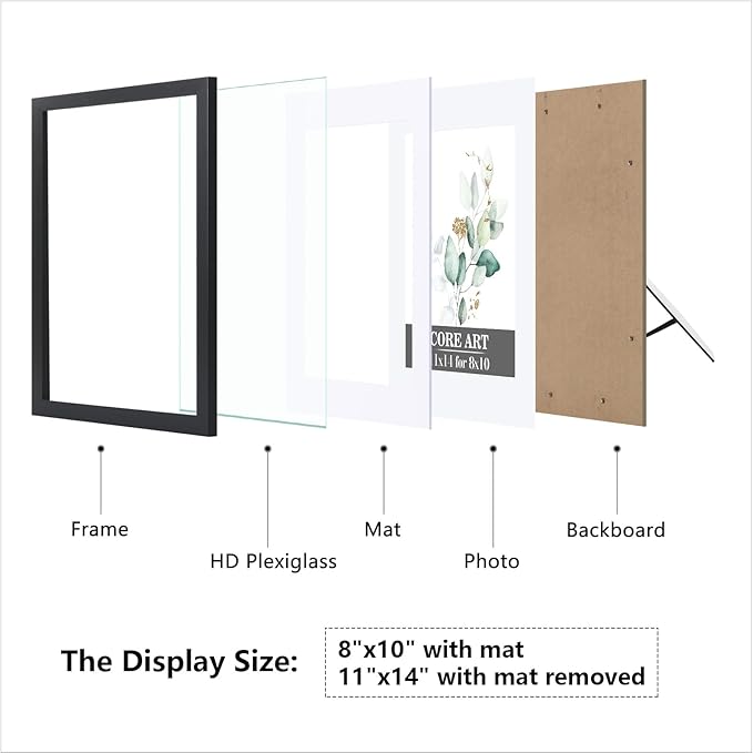 CORE ART 8x10 Black Picture Frame, Display Pictures 5x7 with Mat or 8 x 10 without Mat, Multi Photo Frames Collage for Wall or Tabletop Display, 2 Pack