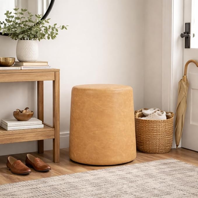 HomePop Faux Leather Organic ShapeOttoman (No Lid, Seat Only) | HomePop Home Décor | Round Pouf Foot Rest – Sand Faux Leather