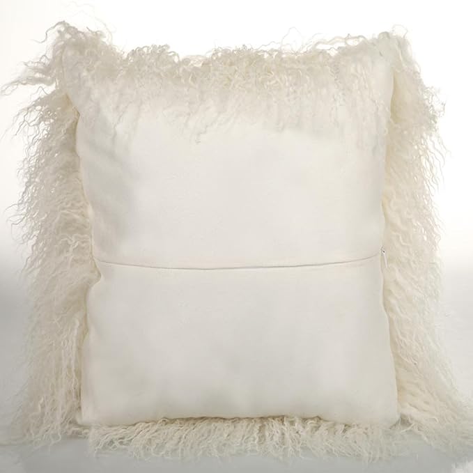 Real 100% Tibetan Mongolian Lamb Sheepskin Wool Fur Throw Pillow Covers White 26x26 Inch, Super Soft Plush Leather Accent Pillowcase Decorative Cushion Cover for Living Room Bedroom