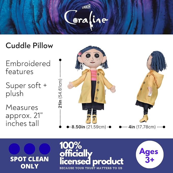 Coraline Cuddle Pillow Plush, Kids Bedding Super Soft Plush Pillow, (Officially Licensed Product) By Franco