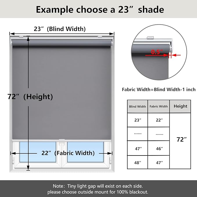 AOSKY Cordless Roller Shades Blackout Blinds for Windows Room Darkening Rolled Up Shades with Spring System, UV Protection Window Shades Door Blinds for Home and Office (39" W x 72" H, Grey)
