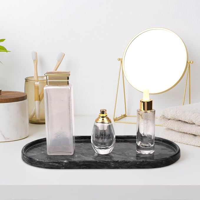 Oval Marble Bathroom Vanity Tray, Natural Luxury Marble Home Kitchen Bathroom Table Tray, Stone Decorative Countertop Tray for Coffee Perfume Jewelry (Dark Grey, 12" x 6" x 0.8")