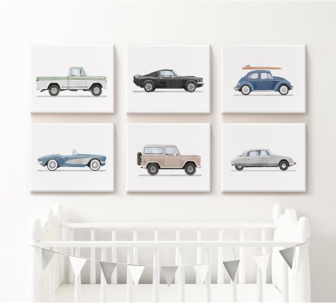 Blue Car Wall Art Decor Boys Room Wall Art Vintage Cars Canvas Poster Pictures Toddler Kids Room Prints Watercolor Vehicle Artwork Painting for Boys Bedroom Nursery 12x16 Inch Framed Set of 6