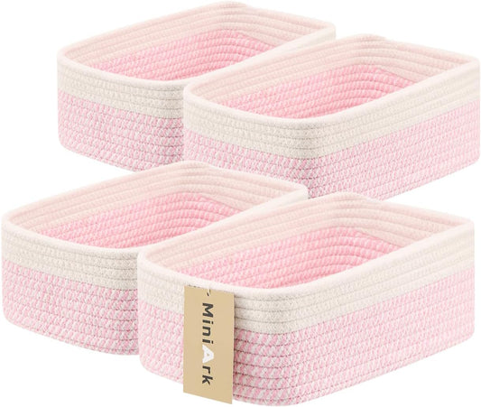 Small Storage Baskets for Organizing | Closet Organizer Bins | Shelf Toy Basket | Woven Rope Baskets | Cube Decorative Box | Shallow Basket | 11.5x7.5x4.7” | 4 Packs White Pink