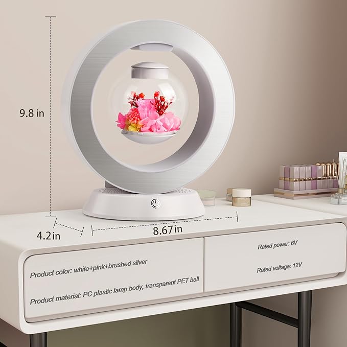 LoveLin,Magnetic Levitation Table Lamp with Bluetooth Speaker,5W Circle Variable Color Led Night Light,Rotate 360° Forever,Romantic Preserved Flowers Lamp for Restaurant Office & Home Decor