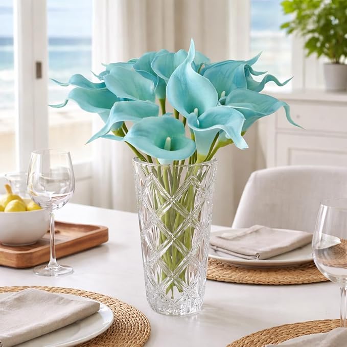 Floral Kingdom Artificial Calla Lily Flowers 20 Pack 14 Inch Turquoise Blue – Real Touch Faux Flowers for Home Decor, Table Centerpieces, Coastal Décor & Weddings