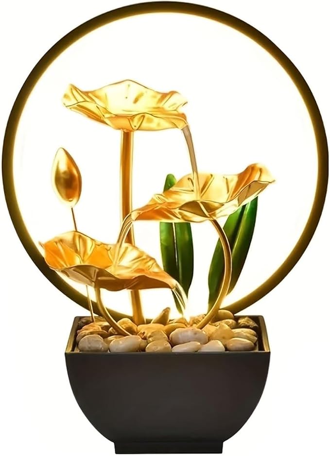Tabletop Fountain with Led Light, 11IN Gold Lotus Indoor Waterfall Fountain USB Powered Zen Table Water Fountains with 1 Replacement Water Pump