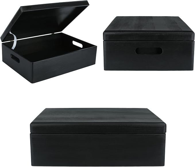 Creative Deco XL Black Wooden Box Storage with Hinged Lid | 15.8x11.8x5.5in (+-0.5) | Keepsake with Handles | Gift Box for Tool Dog Toy Kitchen Storage | Wood Chest Trunk