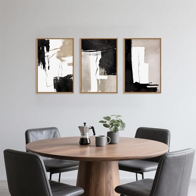 Black White Brown Framed Canvas Wall Art Set, Neutral Geometric Wall Decor, Modern Abstract Wall Painting, Minimalist Artworks for Living Room, Bedroom, Dining Room, Office-16 x24 x3