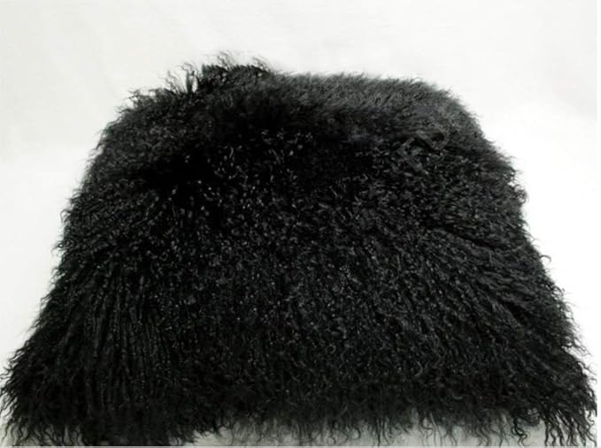 Mongolian Lamb Fur Throw Pillow Cover (18'' x 18'', Black) Real Fur Decorative Cushion Cover Pillow Case for Living Room Bedroom