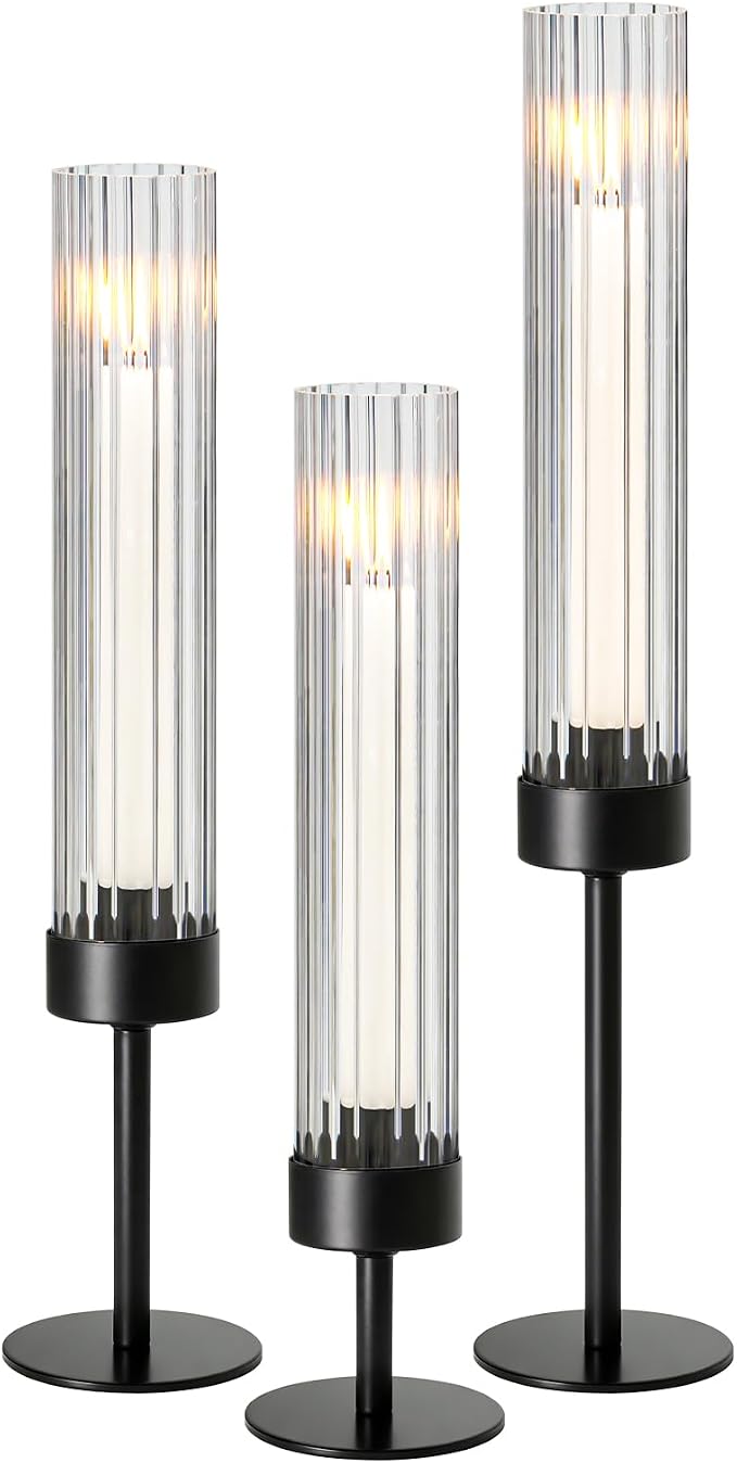 Metal & Acrylic Taper Candle Holders Set of 3 with Ribbed Design - Hurricane Clear Cylinder Candelabra for Wedding, Christmas, Party, Dining Table Centerpiece Decor (Black, Set of 3)