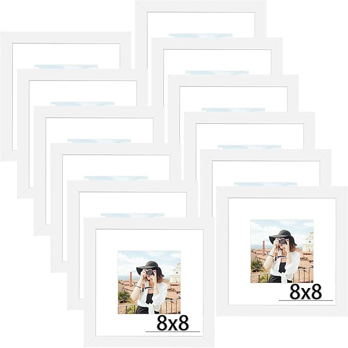 Picrit 8x8 Picture Frame Set of 12, Display 5x5 with Mat or 8 x 8 without Mat, Photo Frames for Wall Mounting or Table Top Display, White