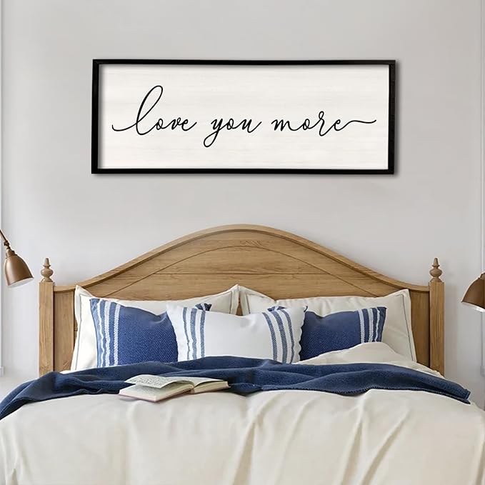 Love You More Sign Wall Decor 40''×15'' Large Vintage Framed Wood Modern Farmhouse Wall Decor for Master Bedroom Above Over Bed Minimalist Wall Art Hanging (Black)