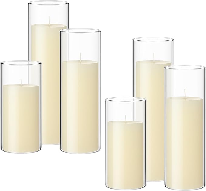 Shihanee Set of 6 Pillar Candles with Glass Cylinder Vases Clear Cylinder Hurricane Candleholders for Slim Tall Pillar Candles Wedding Table Centerpieces(3.4'' X 7", 9.8", 11.8",Ivory)