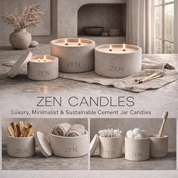 Zen Concrete Candle Lid – Cream Gray Minimalist Home Reusable Jar Plant Pot, Storage – (Gray, Medium, Santal)