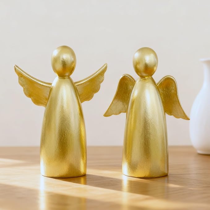 OwMell Set of 2 Cherubs Angels Resin Statue Figurine, Indoor Home Decoration, Adorable Angel Sculpture Memorial Statue 4" - Minimalist Gold