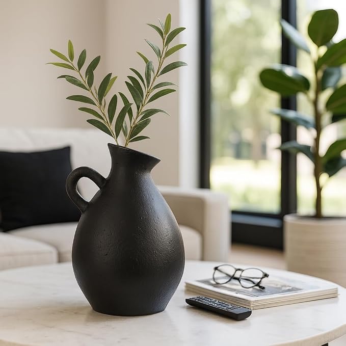 Terracotta Jug with Handle Vase for Living Room Decor - Decorative Home Accents for Bedroom, Office, and Table Centerpiece - Modern Flower Vase for Kitchen Counter and House Styling - 18", Black