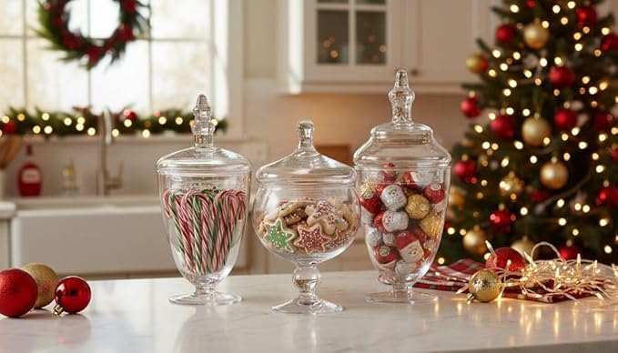 Elements Clear Glass Apothecary Jars with Lids, Set of 3 - Decorative Storage Jars for Home, Kitchen, Bathroom - 10, 9.5, 8.5 Inch Handcrafted Display Jar Set
