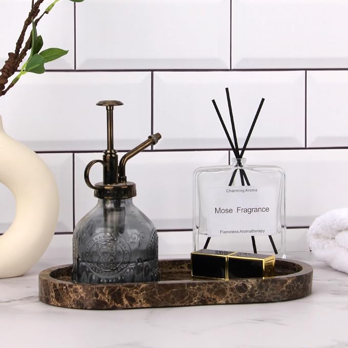 Oval Marble Bathroom Vanity Tray, Natural Luxury Marble Home Kitchen Bathroom Table Tray, Stone Decorative Countertop Tray for Coffee Perfume Jewelry (Dark Brown, 10" x 5" x 0.6")