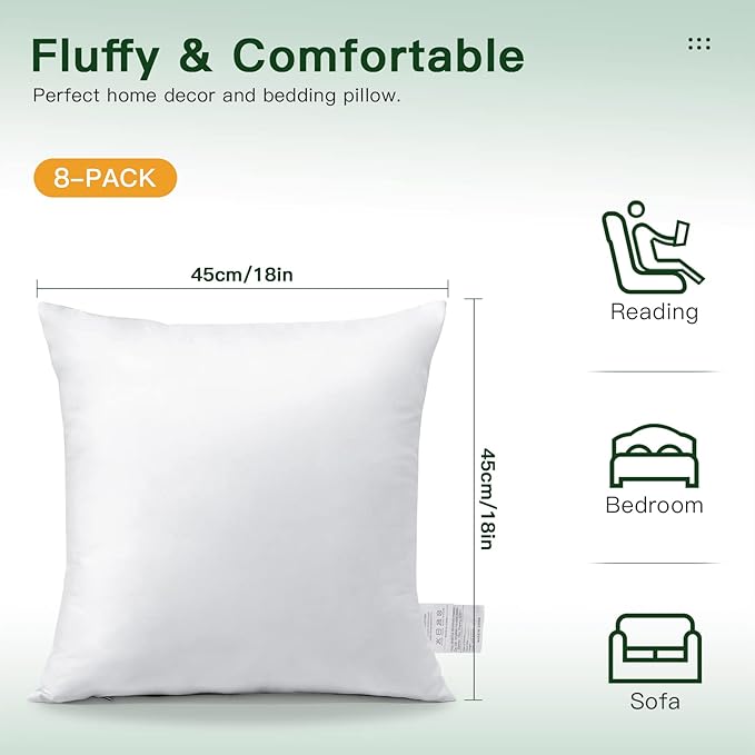 OTOSTAR Pack of 8 Throw Pillow Inserts, 18 x 18 Square Cushion Inner Soft Fluffy Plump Stuffer Cushion Pads White Decorative Pillow Inserts