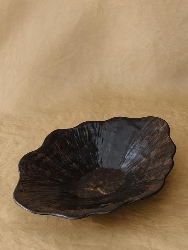 WENSHUO Stoneware Fruit Bowl for Kitchen Counter,Large Decorative Bowls for Home Decor,Handmade Perfect Centerpiece for Table, Island,or Counter,Ink Black Color Reactive Glaze 13.5" L × 10" W