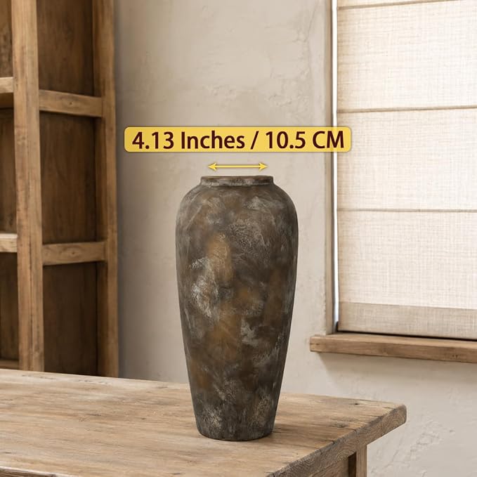 15 Inch Ceramic Rustic Farmhouse Vase, Handmade Pottery Flower Vases for Home Decor, Brown Ceramic Vase for Living Room, Table Centerpieces & Shelf Decor, Wedding Gifts