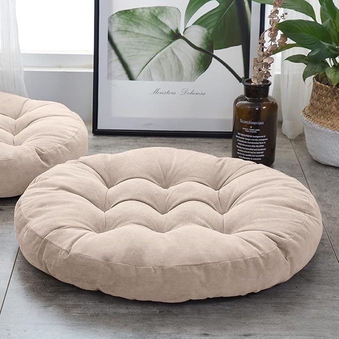 Tiita Round Office Chair Cushions 22x22 Inch Outdoor Seat Pads Set of 2 Throw Floor Pillows for Adults Sitting Patio Garden, Beige