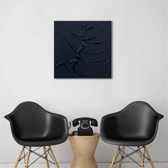 zoinart Black Textured Wall Art, 20x20 Hand Painted Abstract Oil Paintings on Canvas, Thick Texture Black Minimalist Contemporary Art