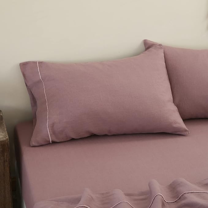 Simple&Opulence 100% French Linen Pillowcase King Size-Set of 2- Washed Solid Color Pillow Cases Embroidered -Soft and Durable (Purple, 20''x40'')