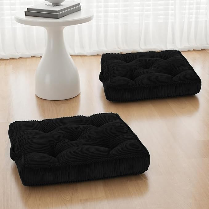 Meditation Floor Cushion Set of 2, 24x24 Tufted Floor Pillow for Adults, Square Large Meditation Cushion Pillow, Black Corduroy Sitting Pillow with Handle, Yoga Seating for Tatami