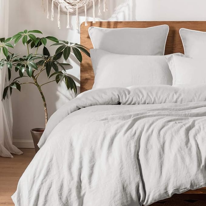Simple&Opulence 100% Linen Duvet Cover Set, 3 PCS Natural French Flax Light Grey Duvet Cover Queen Size, Breathable Soft Comfy Linen Bedding Comforter Cover with 2 Pillowcases(Light Grey, 88" x 92")