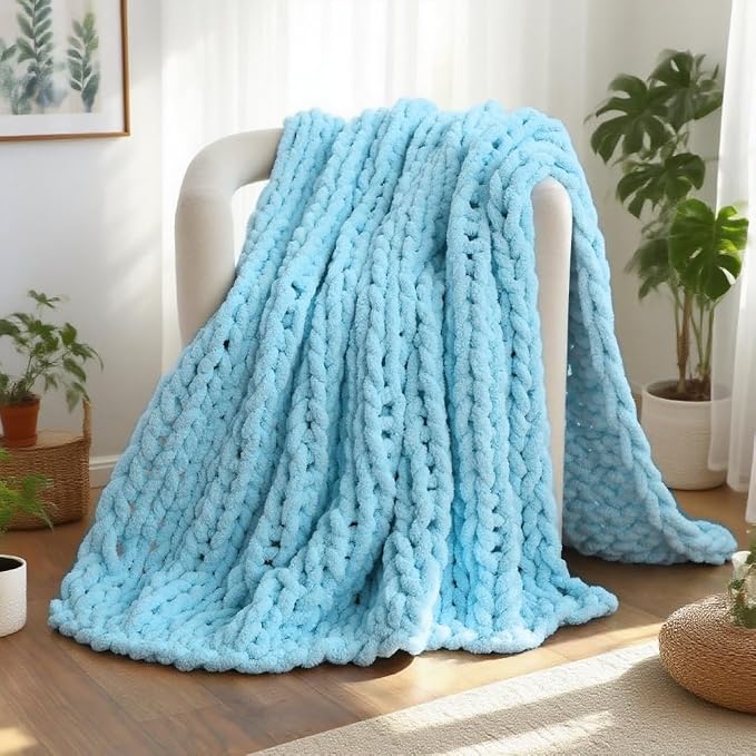 Handmade Chunky Knit Blanket, Cosy Chenille Throw (Blue, Throw (50" x 60"))
