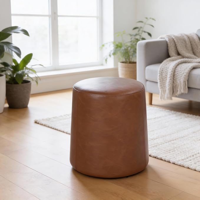 HomePop Faux Leather Organic Shape Ottoman (No Lid, Seat Only) | HomePop Home Décor | Round Pouf Foot Rest – Chestnut Faux Leather Faux Leather