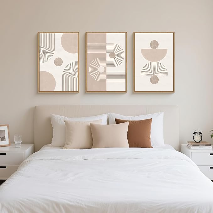 HPINUB Boho Abstract Framed Canvas Wall Art Set, Beige Mid Century Wall Decor, Neutral Geometric Minimalist Line Artwork for Living Room, Bedroom, Dining Room, Office, Bathroom - 24"x36"x3