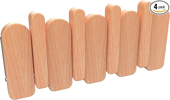 Wall Mounted Coat RackHooks Piano Key Hangers Natural Solid Wood Hanger Non-Woven Fabric Clothes Hangers for Closet, Kitchen, Bedroom, Bathroom, Entryway (Moon-Beech, 4 Hooks)