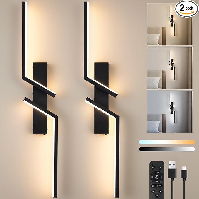 Rechargeable Wireless Wall Sconces, Modern Wall Sconces Set of 2, Battery Operated LED Wall Lights with Remote, 3000K-6500K Dimmable Black Wall Sconce, No Hardwiring for Bedroom Living Room Hallway