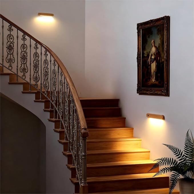 Wooden Motion Sensor Wall Light Magnetic Rechargeable Hallway 2-Pack | Night light warm LED glow, USB C, Detachable design, Tool-free mounting for closets, stairs, cabinets, entryways, home
