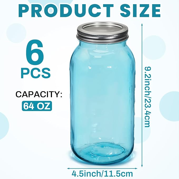 Norme 6 Pcs 64 oz Glass Mason Jars Glass Mason Jars Canning Container Set Embossed Half Gallon Fermenting Container with Airtight Lids for Canning Freezing Preserving Beverages Decor (Blue)
