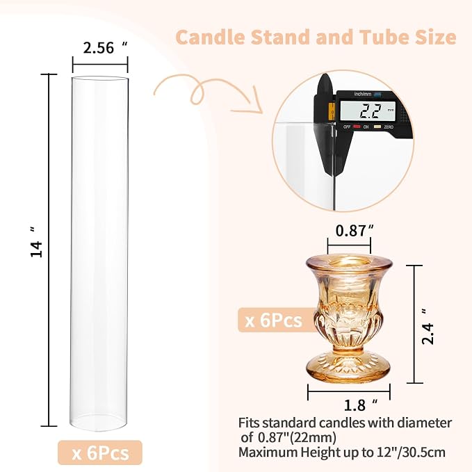 CHILL RECIPE Hurricane Glass Candle Holders-Set of 6 Tall Taper Candle Holder with 14” Tall Clear Cylinder Covers for Wedding Table Centerpiece Home Decor (Gold Base+Clear Chimney)