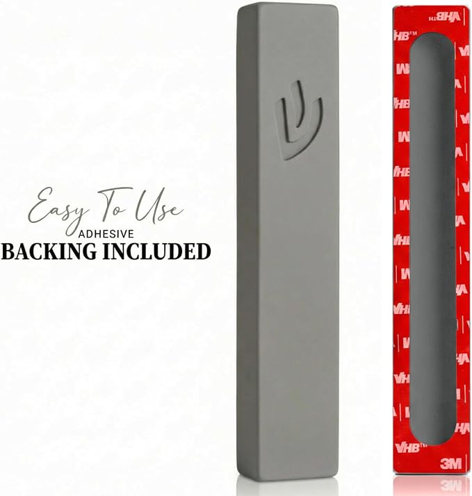 SURI Mezuzah and Non Kosher Scroll Set – 5 Inch Light Gray Concrete Mezuzah Case, Self-Stick Adhesive, Fits a 4 Inch Mezuza Scroll, Gift Box Included