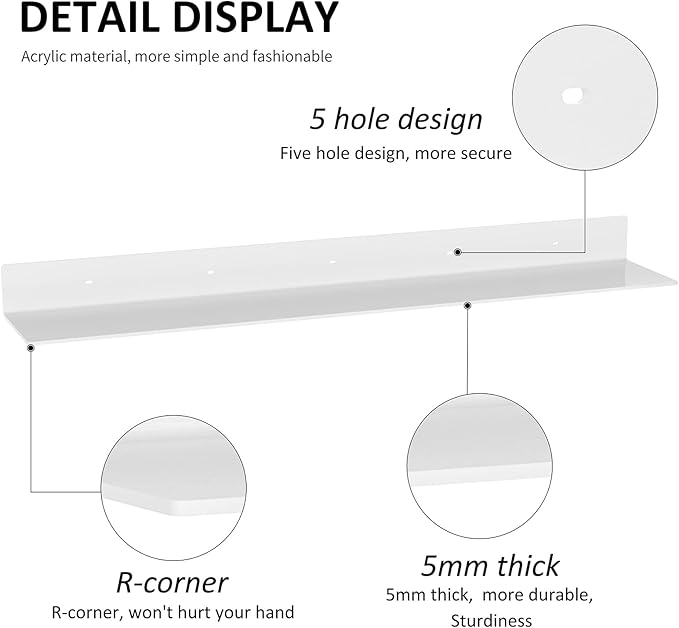 Sezanrpt 36 Inches Acrylic Wall Shelves 2 Pack, Floating Shelf for Wall Mounting, Acrylic Display Ledges for Funko Pop Figures, Home Décor, Living Room, Gaming Room, Plants(36 inch, White)