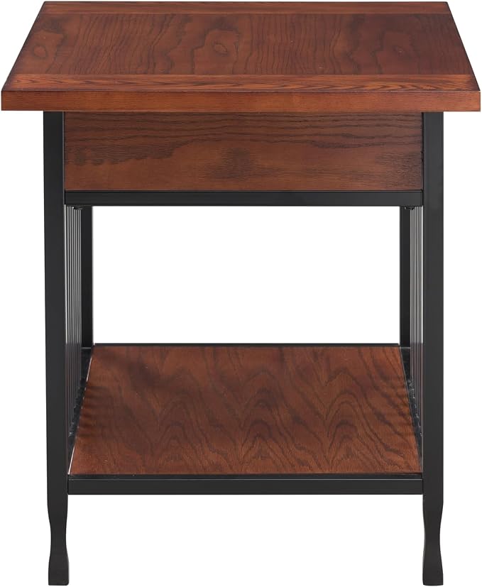 Leick Home Ironcraft End Table, Solid Wood, 1 Storage Drawer, Bottom Display Shelf, Mission Oak, Black Steel Base, Easy Assembly, 22 in W x 24 in H x 24 in D, 11207