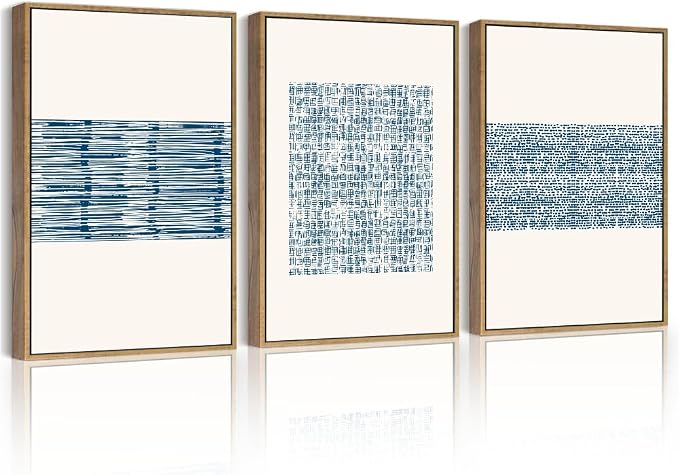 PHOPAGO Blue Abstract Framed Wall Art Modern Boho Neutral Line Wall Decor Bohemain Minimalist Geometric Artwork Home Decor - 12x16in Natural Framed